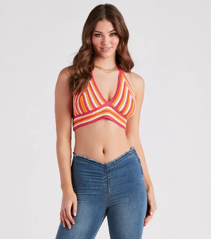 Desert Heat Crochet Striped Crop Top Ribbed Striped Patterned