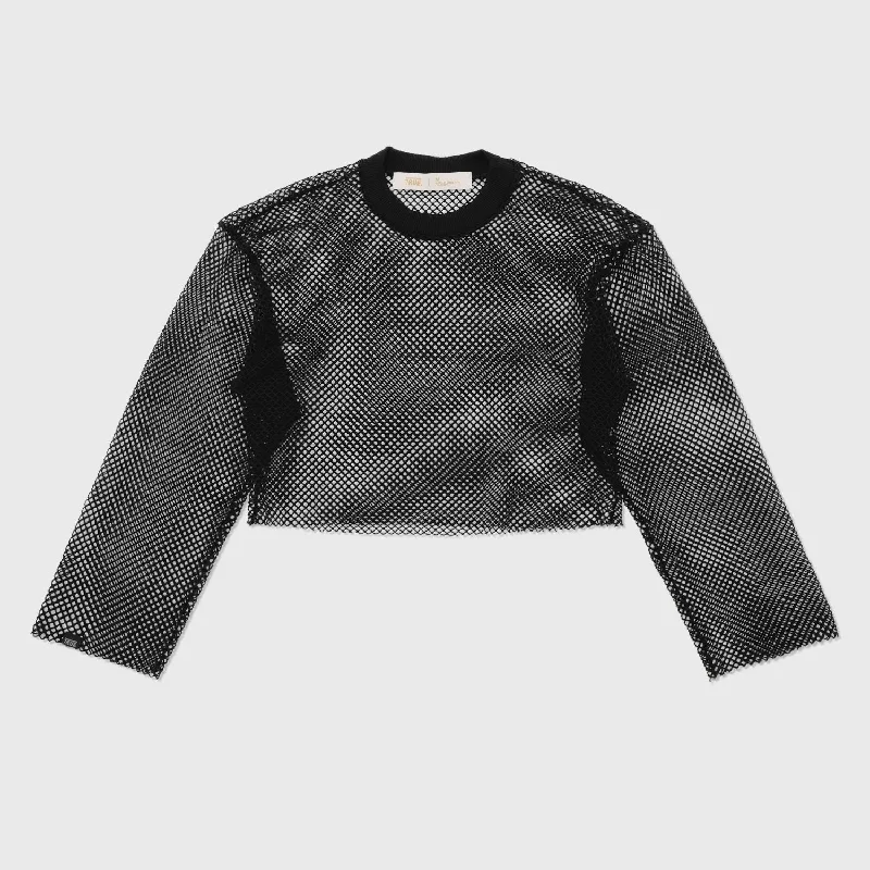 Mesh LS Crop Top - Black Sequined Glittery Shiny