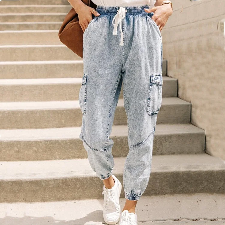 Women'S Fashion Casual Pocket Lace-Up Denim Trousers Trousers cozy soft