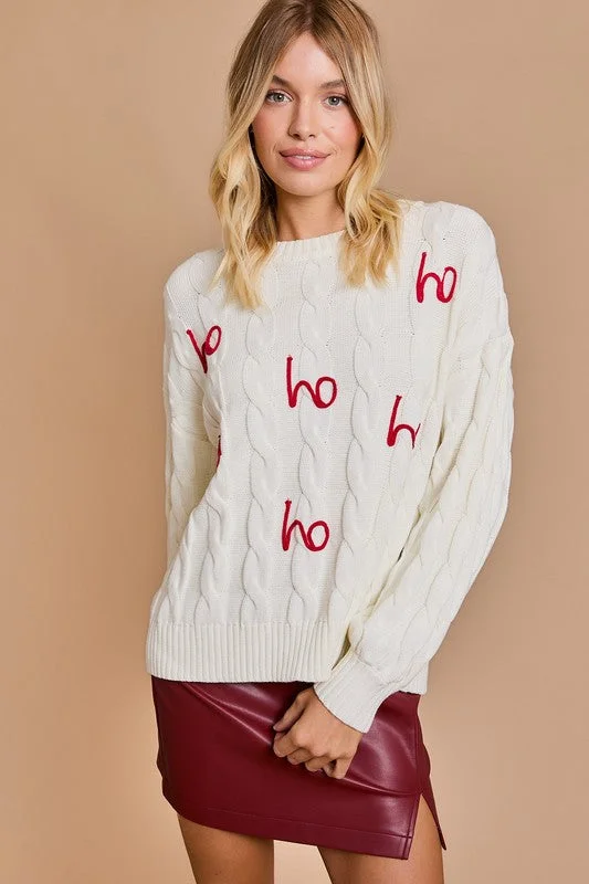 'Ho Ho Ho' Round Neck Pullover Christmas Sweater - Final Sale Short Puff Sleeve