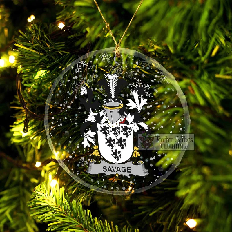 Savage Irish Clan Christmas Glass Ornament with Coat of Arms Fleece Down Feather