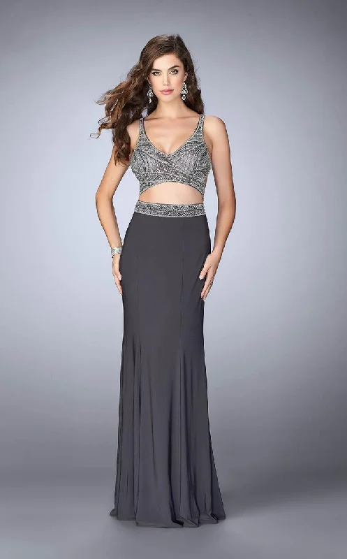 La Femme Gigi - 23904 Beaded Crop Top and Jersey Skirt Long Dress Lace Blend Ribbed Blend Corduroy Blend