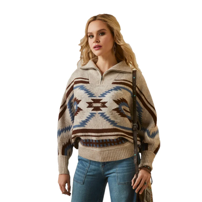 Ariat Ladies Chimayo Peyote Cream 1/4 Zip Pullover Sweater 10046281 Short Puff Sleeve