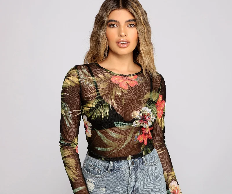 Tropical Long Sleeve Mesh Crop Top Front Pockets Side Pockets Patch Pockets