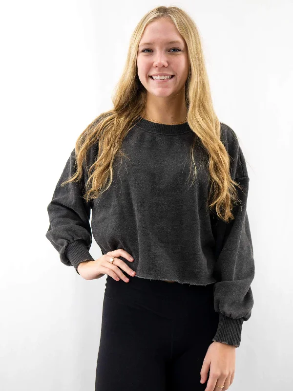 Acid Wash Cropped Fleece Pullover Textured Knit Design