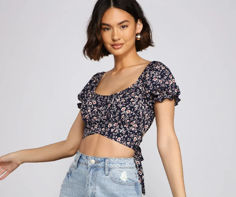 Floral Obsession Puff Sleeve Crop Top Ribbed Crop Top High Neck Heavyweight