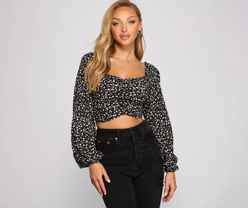 Caught In A Floral Gauze Knit Crop Top Beaded Sequined Faux Fur
