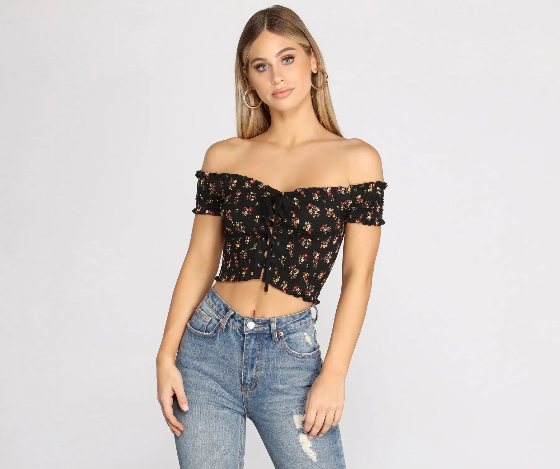 Flower Girl Lace Up Crop Top Fashionable Trendy Casual