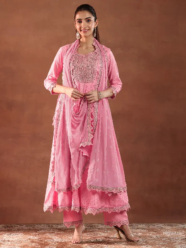 Pink Embroidered Cotton A-Line Kurta With Trousers & Dupatta Trousers Floral Bohemian Pink Embroidered Cotton A-Line Kurta With Trousers & Dupatta Trousers Floral Bohemian