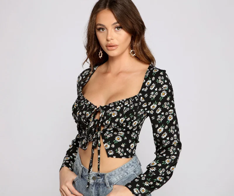 Darling Daisy Tie-Front Crop Top Mesh Canvas Denim