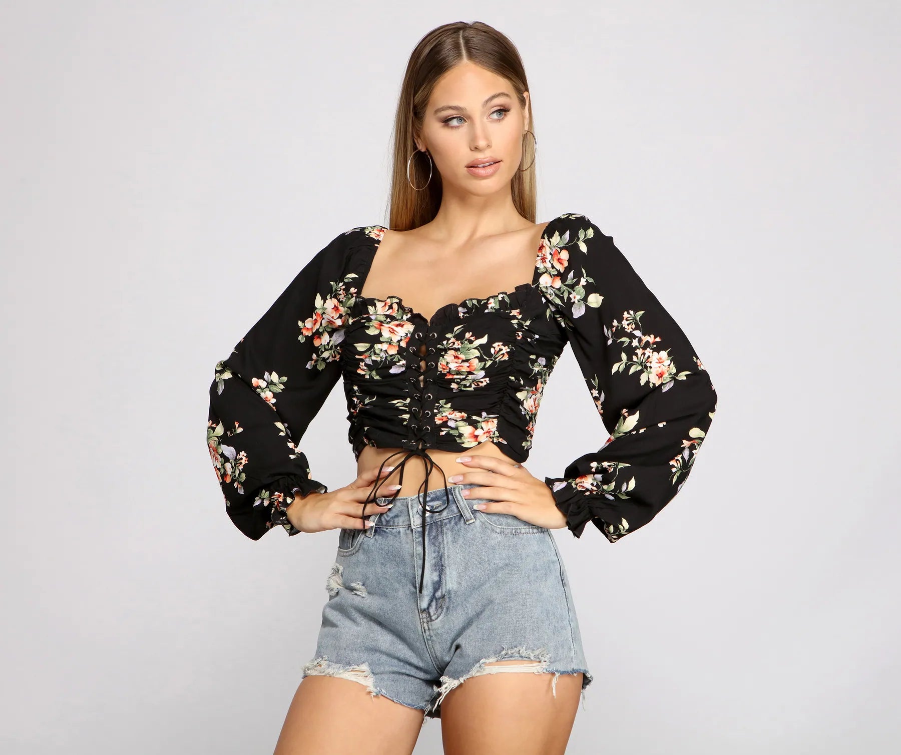 Floral Hour Lace-Up Crop Top Hooded Caped Shawl Collar