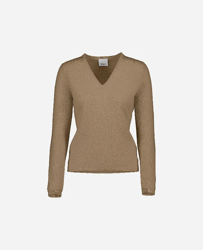 V-Pullover aus Cashmere in Beige Fitted Ribbed Sweater