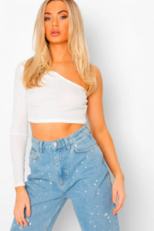 White One Shoulder Rib Basic Crop Top Notch Collar Peter Pan Collar Cowl Neck