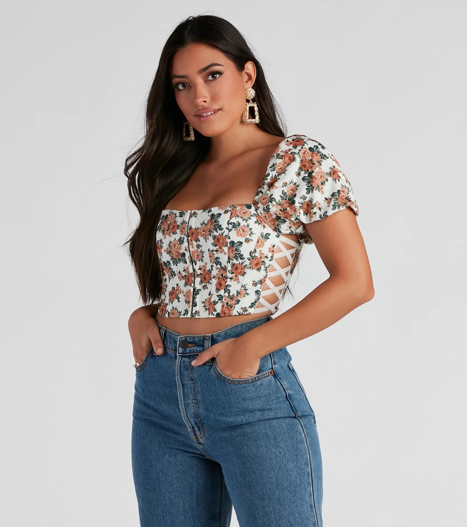 Gorgeous Blooms Puff Sleeve Crop Top Hooded Caped Shawl Collar