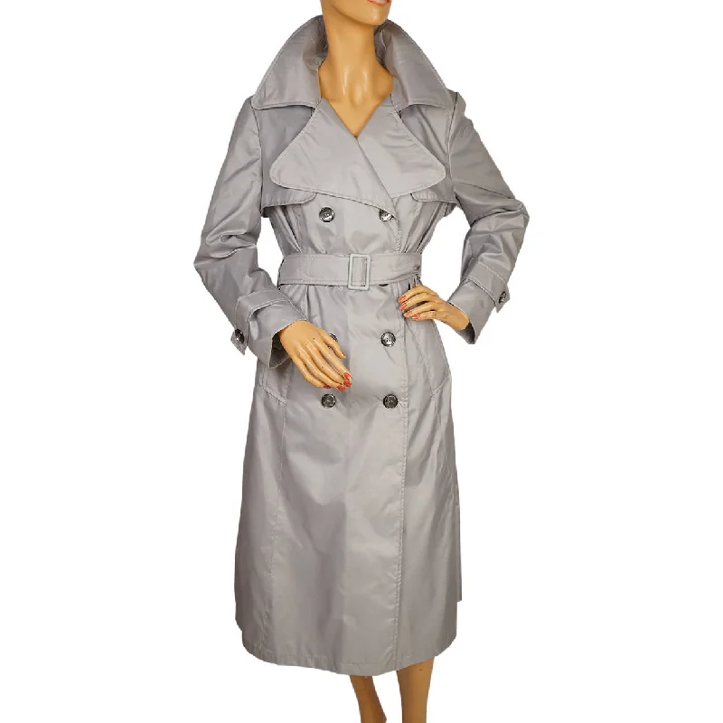 Vintage Trench Style Rain Coat 1975 Unused Grey Nylon Mr Michel Ladies Size L 14 Stand-Up Roll-Neck Turtle