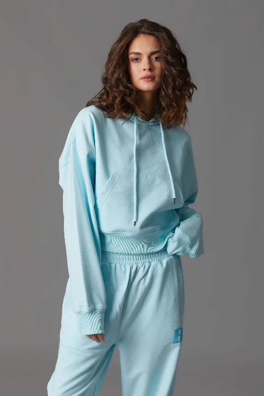 Blue Crop Hoodie Hoodie with Contrast Stitching Detailed Premium