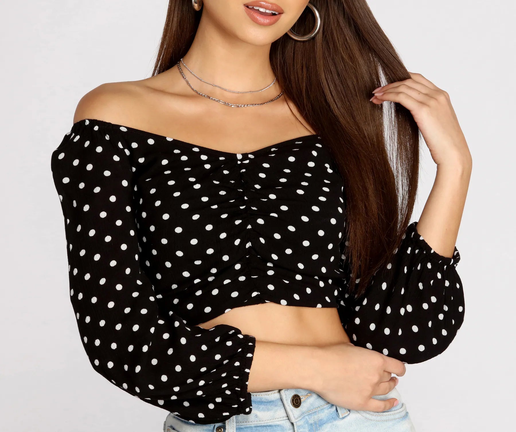 Polka Dot Doll Ruched Crop Top Rayon Velvet Corduroy