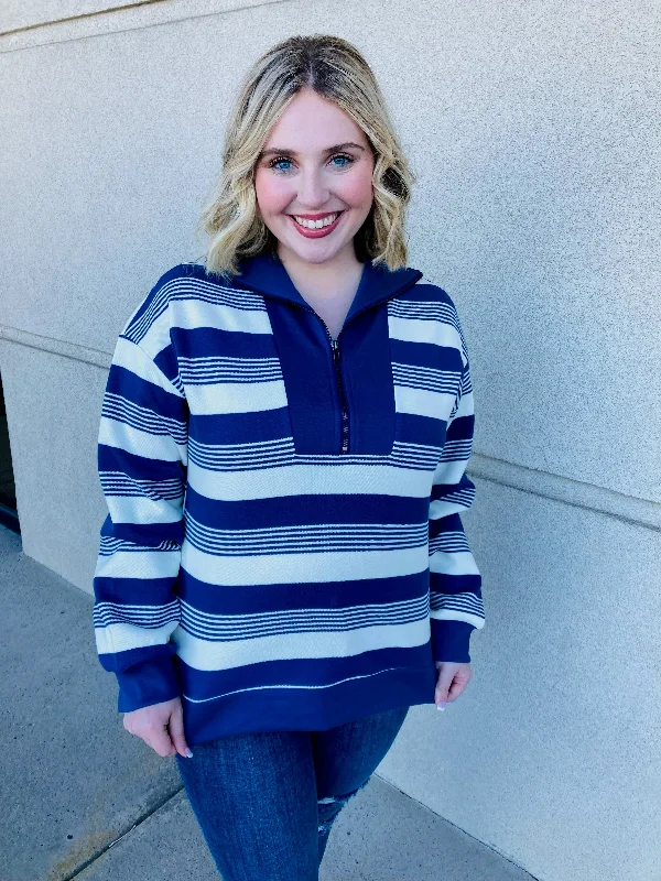 Blue and White Striped Pullover High Neck Pullover