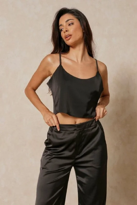 Satin Black Slim Fit Crop Top Chenille Blend Fleece Blend Nylon Blend