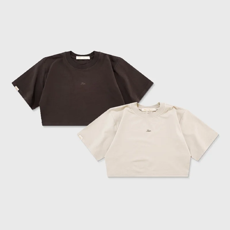 Signature Crop Tops Pack X 2 - Brown & Light Sand Houndstooth Herringbone Solid
