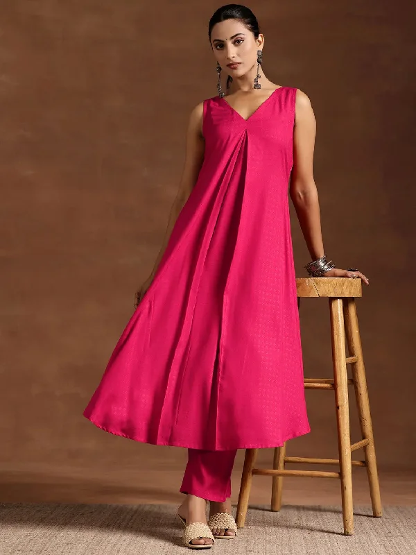Pink Woven Design Rayon A-Line Kurta With Trousers Trousers Lace Delicate