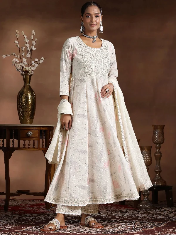 Off White Embroidered Cotton A-line Kurta  With Trousers & Dupatta Trousers Harem Relaxed Fit