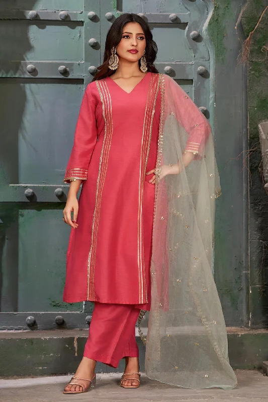 Women's Pink Embroidered Art Silk Rouge Kurta Set With Trouser And Dupatta - Curvy Lane Trousers chic fashionable