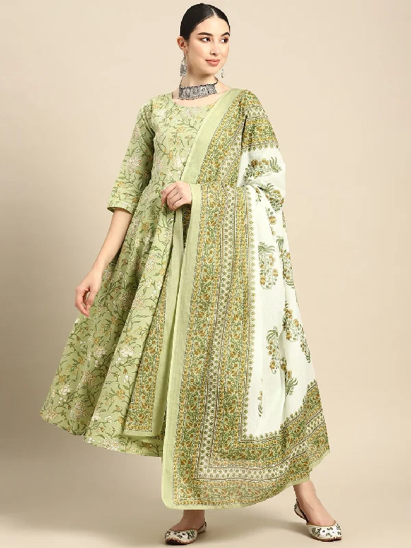 Women's Green Floral Printed Anarkali Kurta With Trouser And Dupatta - Taantav Trousers Lace Delicate Women's Green Floral Printed Anarkali Kurta With Trouser And Dupatta - Taantav Trousers Lace Delicate