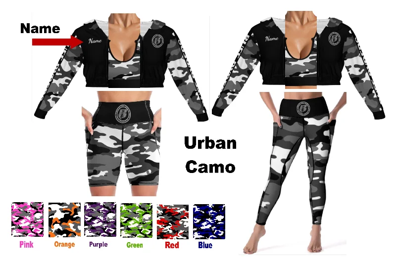 RR Camo Three Piece Outfit (Spandex Shorts or Pocketed Leggings)- 7 Colors - Pieces also sold separately Save up to $20 on the set. Stylish Compression Fit Leggings