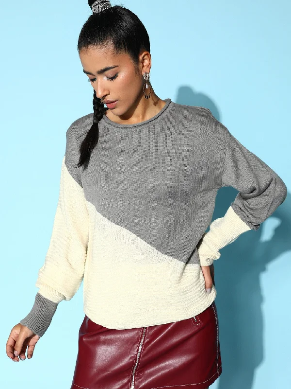 Berrylush Women Grey & Off-White Colourblocked Pattern Round Neck Long Sleeves Ribbed Hem Regular Pullover Elbow Length Sleeve