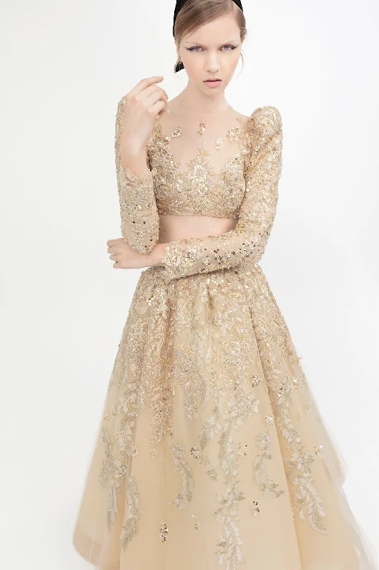 Fully beaded crop top with A-line skirt Print Jacquard Patchwork