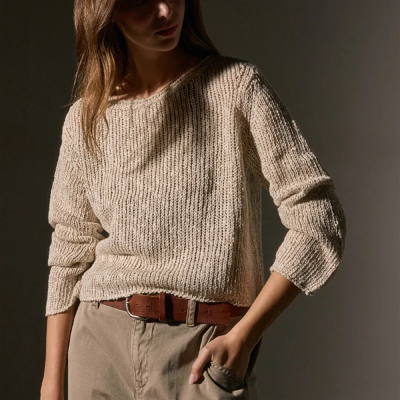 Cotton Linen Open Knit Pullover - Natural Batwing Sleeve Top