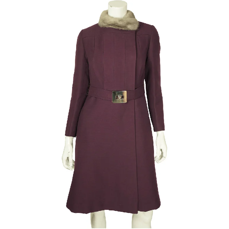 Vintage 1960s Mod Purple Wool Coat by Joshar Montreal Ladies Size S Tie-Waist Belted Drawstring