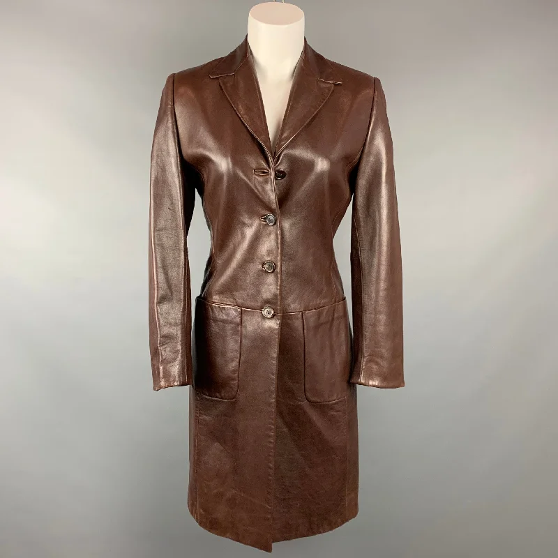 ANTONIO FUSCO Size 2 Brown Leather Buttoned Coat Vent Hem Cuff