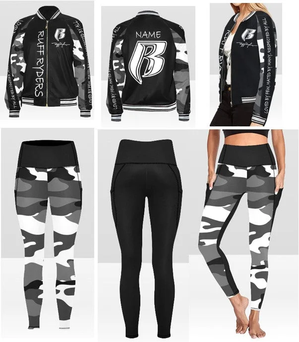 RR Custom Name Graffiti Style Jacket and Two Toned Pocketed Leggings Set Trendy High-Compression Leggings