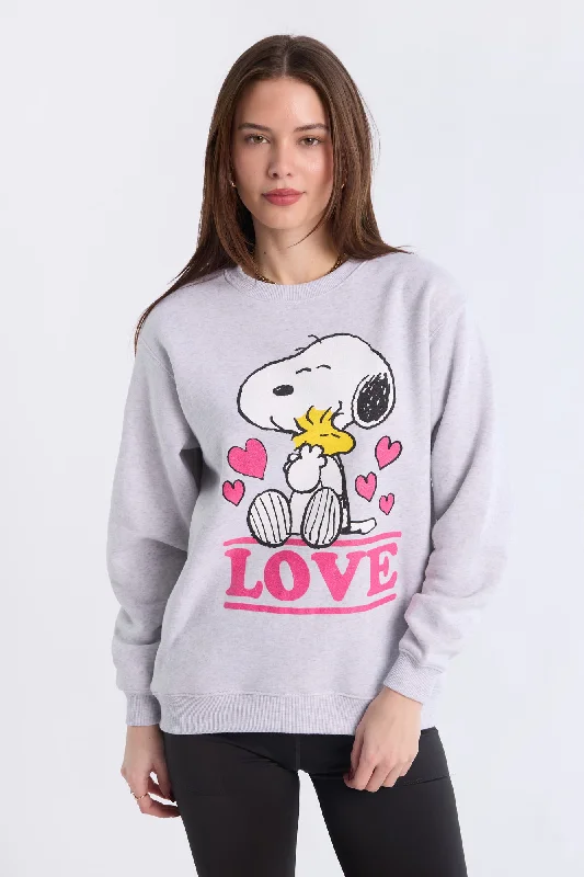 Peanuts Snoopy Love Graphic Glitter Crew Neck Sweatshirt Cotton Hoodie Fleece Lining Warmth
