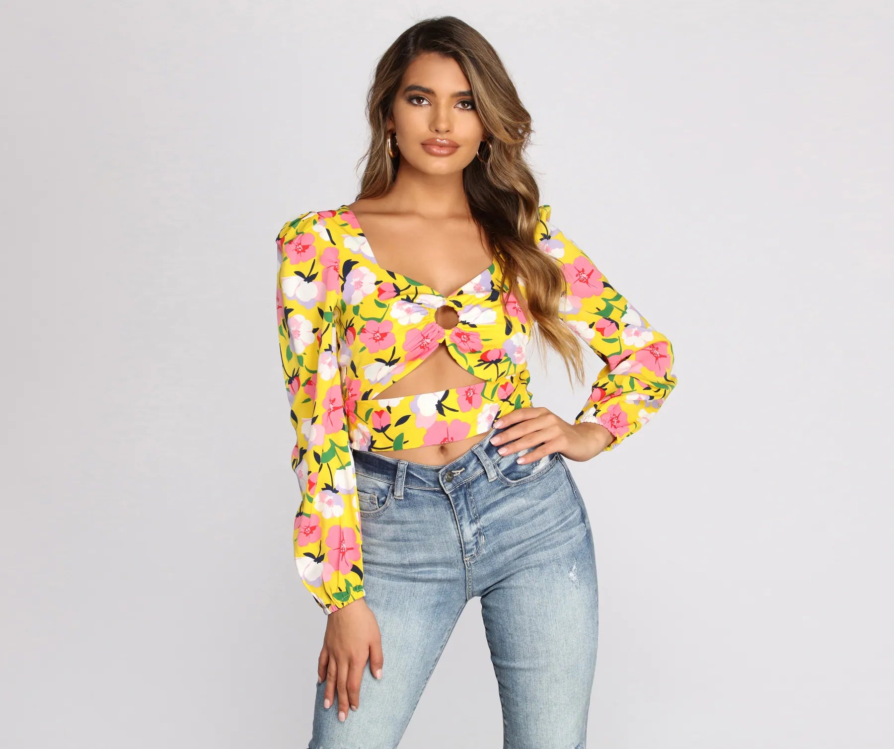 Flashy Florals Cut Out Crop Top Notch Collar Peter Pan Collar Cowl Neck
