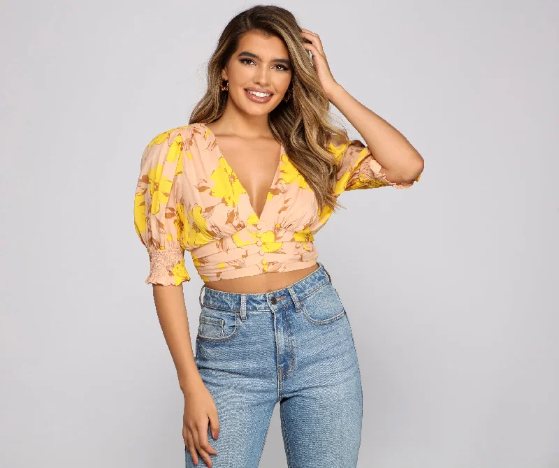 Falling For Florals Puff Sleeve Crop Top Modern Contemporary Chic