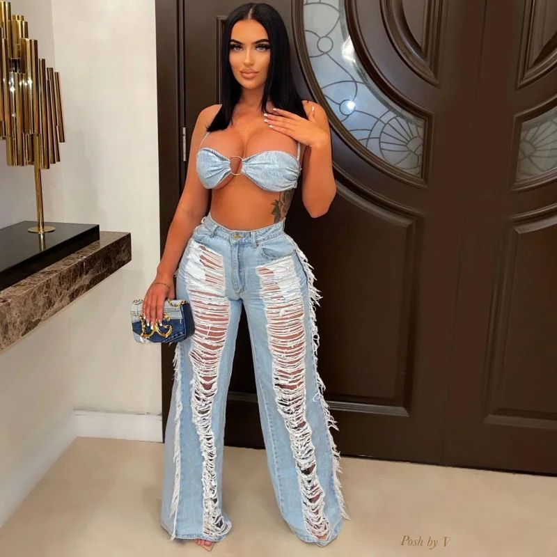 Women Denim Crop Bra Top And Ripped Fringe Trousers Two-Piece Set Trousers practical easy-care