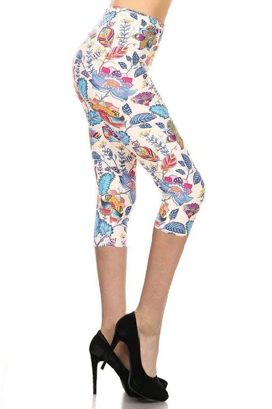 Blue Zone Planet | Floral Printed Lined Knit Capri Legging With Elastic Waistband Fashionable Fitted Workout Leggings Blue Zone Planet | Floral Printed Lined Knit Capri Legging With Elastic Waistband Fashionable Fitted Workout Leggings