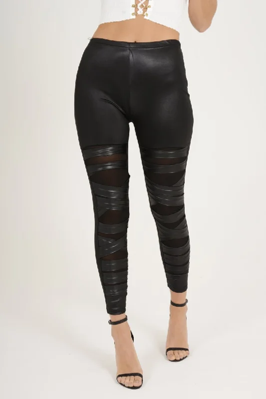 Black Wet Look Mesh Insert Leggings - Eliza Fashionable Tummy Control Leggings
