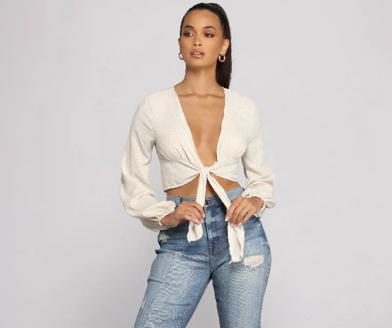 Major Trendsetter Tie Front Crop Top Notch Collar Peter Pan Collar Cowl Neck