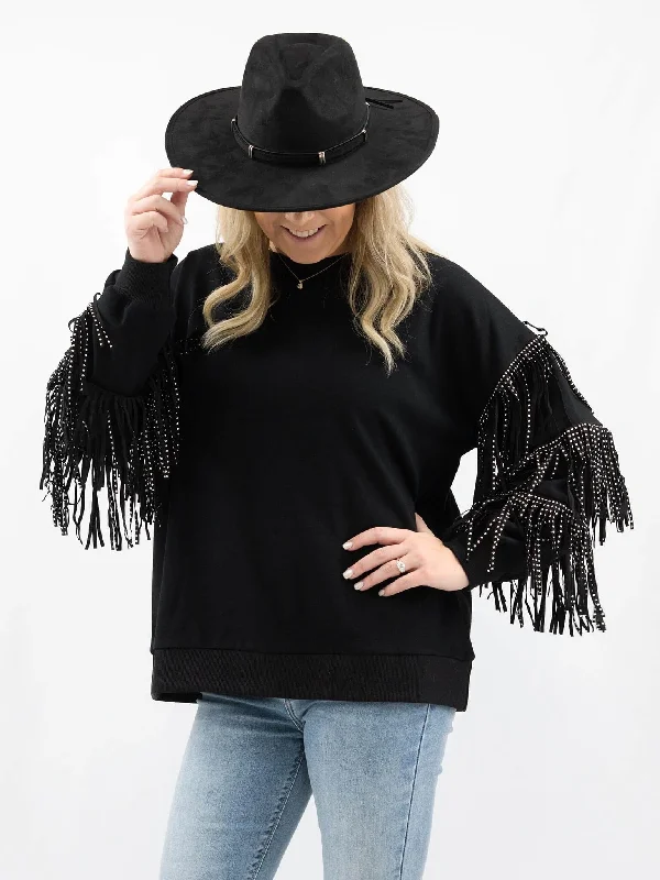 Fringe and Stud Detail Pullover Box Sleeve Comfort