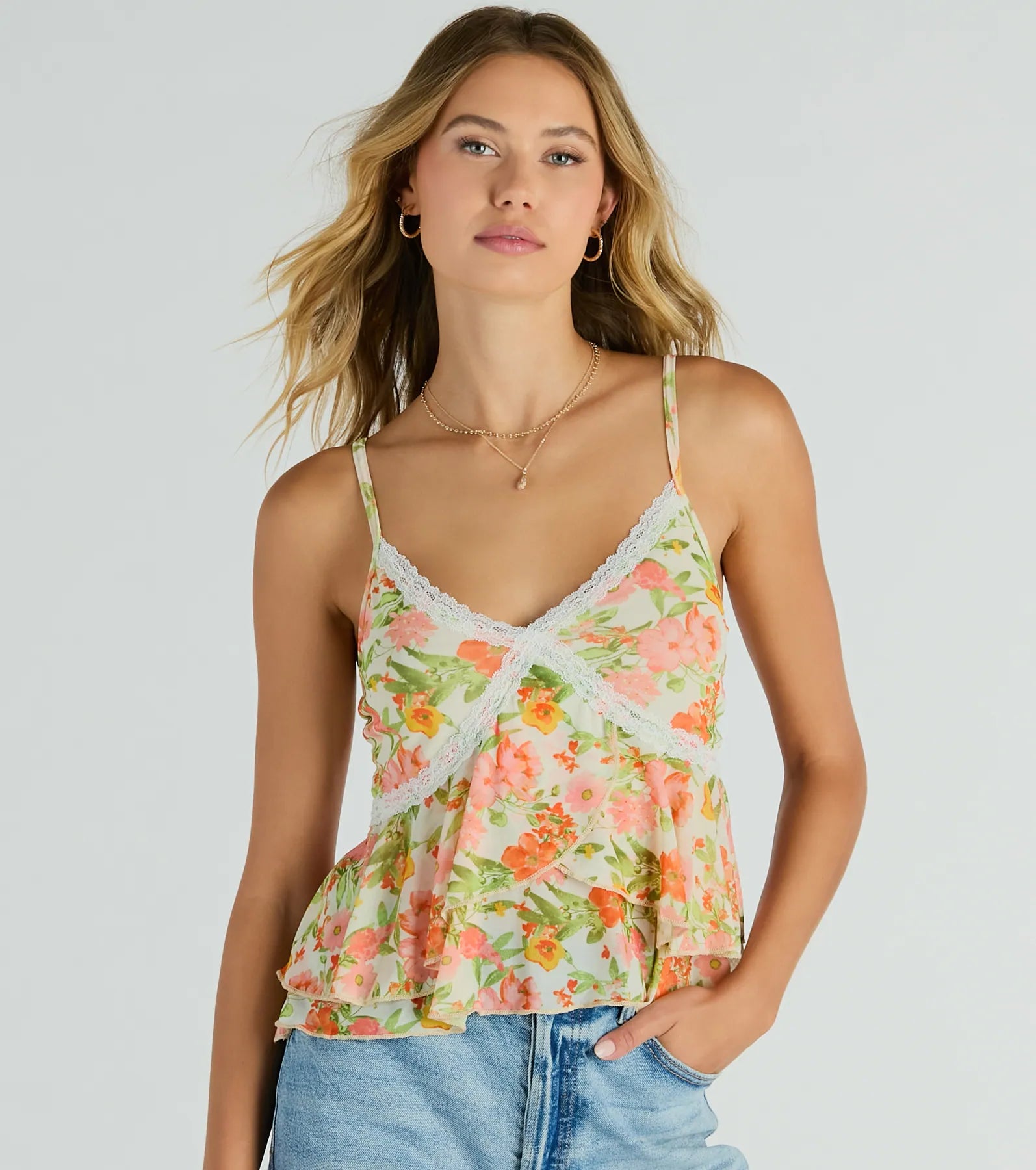 Pretty Presence Floral Lace Trim Crop Top Hooded Caped Shawl Collar