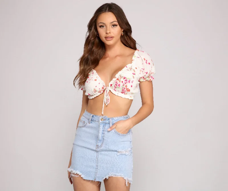 Flower Power Tie-Front Crop Top Striped Floral Plaid