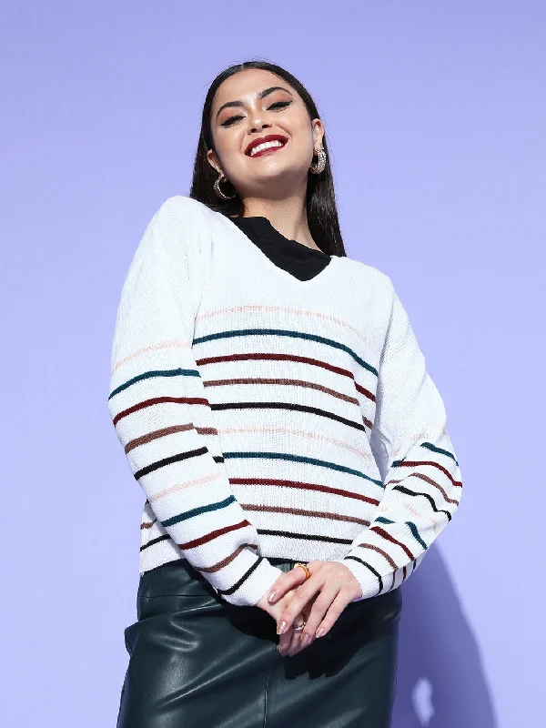 Berrylush Women White & Multicolour Striped Pattern V-Neck Acrylic Straight Hem Regular Pullover Square Neck Pullover