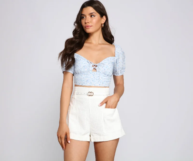 Pretty Chic Puff Sleeve Crop Top Collared Crew Neck Turtle Neck