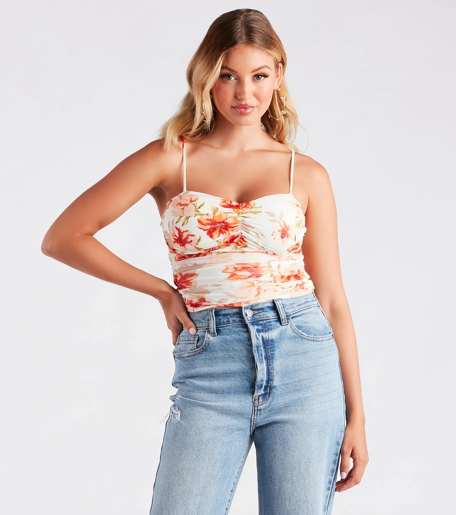 Much Adoration Floral Mesh Crop Top Striped Floral Plaid