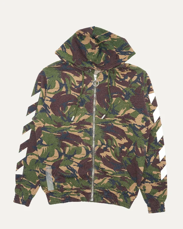 Camouflage Zip-Up Hoodie Hoodie with Raw Hem Edgy Unfinished