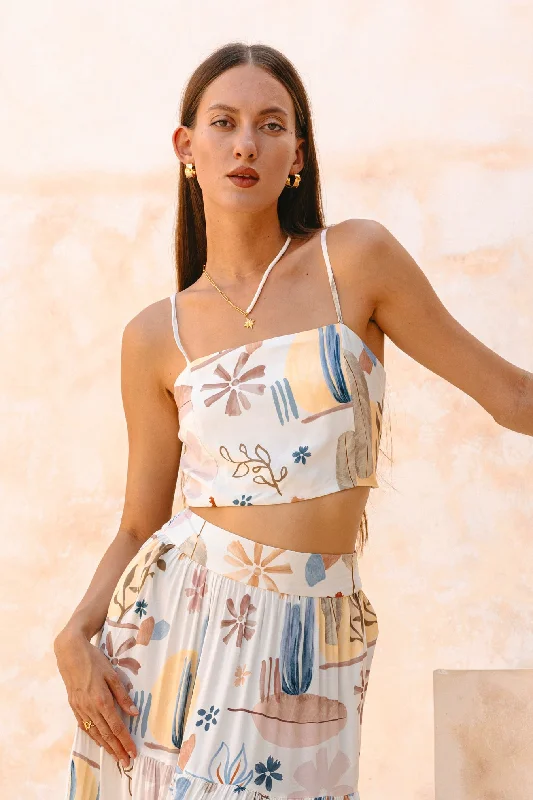 Nyra White Abstract Crop Top Anti-Pilling Machine Wash Handmade